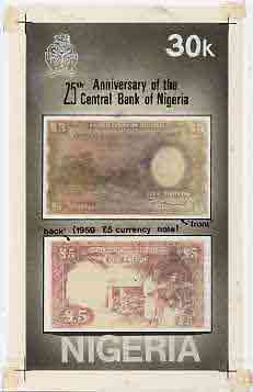 Nigeria 1984 25th Anniversary of Central Bank - original hand-painted composite artwork for 30k value (showing back & front of 1959 £5 note) by Clement O Ogbebor (?) on card 5