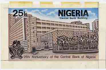 Nigeria 1984 25th Anniversary of Central Bank - original hand-painted artwork for 25k value (showing Central Bank) by NSP&MCo Staff Artist Samuel Eluare on card 5" x 8.5" endorsed B4