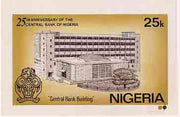 Nigeria 1984 25th Anniversary of Central Bank - original hand-painted artwork for 25k value (showing Central Bank) by NSP&MCo Staff Artist Olukoya Ogunfowora on card 5" x 8.5" endorsed B6