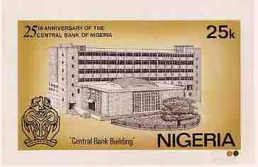 Nigeria 1984 25th Anniversary of Central Bank - original hand-painted artwork for 25k value (showing Central Bank) by NSP&MCo Staff Artist Olukoya Ogunfowora on card 5