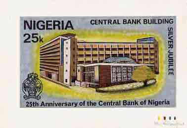 Nigeria 1984 25th Anniversary of Central Bank - original hand-painted artwork for 25k value (showing Central Bank) by unknown artist on card 5