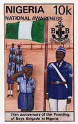 Nigeria 1983 Boys Brigade 75th Anniversary - original hand-painted artwork for 10k value (On Parade with Flag) by Mrs A Adeyeye on board 5" x 8.5" endorsed A4