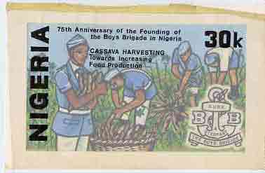 Nigeria 1983 Boys Brigade 75th Anniversary - original hand-painted artwork for 30k value (Harvesting Cassava) by Godrick N Osuji on card 8.5