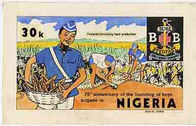 Nigeria 1983 Boys Brigade 75th Anniversary - original hand-painted artwork for 30k value (Harvesting Cassava) by Francis Nwaije Isibor on card 8.5