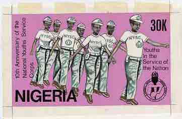 Nigeria 1983 National Youth Service Corps 10th Anniversary - original hand-painted artwork for 30k value (On Parade) by NSP&MCo Staff Artist Samuel A M Eluare on card 8.5