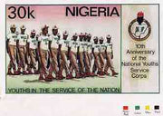 Nigeria 1983 National Youth Service Corps 10th Anniversary - original hand-painted artwork for 30k value (On Parade) by Mrs A Adeyeye on board 8.5" x 5" endorsed C5