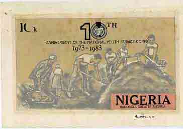 Nigeria 1983 National Youth Service Corps 10th Anniversary - original hand-painted artwork for 10k value (Working on Building Project) by S O Nwasike on board 8.5