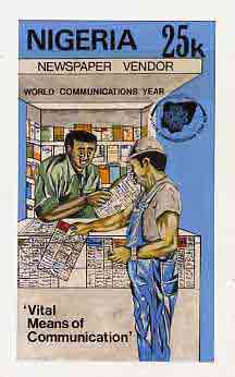 Nigeria 1983 World Communications Year - original hand-painted artwork for 25k value (Newspaper Kiosk) by unknown artist on card 5" x 8.5", endorsed B4