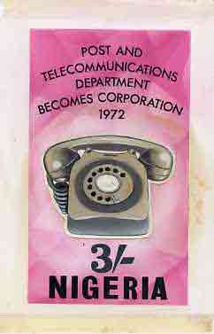 Nigeria 1972 Posts & Telecommunications Corporation - original hand-painted artwork for 3s value (showing Telephone) by Austin Ogo Onwudimegwu on card 5