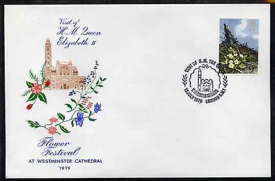 Great Britain 1979 Illustrated cover commemorating the,Queen's visit to the Flower Festival at Westminster Cathedral, bearing 9d Flower stamp with special commem cancel