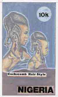 Nigeria 1987 Women's Hairstyles - original hand-painted artwork for 10k value (Cockscomb Hair style) by S O Nwasike on card 5