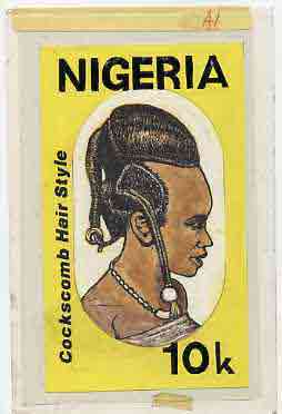 Nigeria 1987 Women's Hairstyles - original hand-painted artwork for 10k value (Cockscomb Hair style) by Godrick N Osuji on card 5