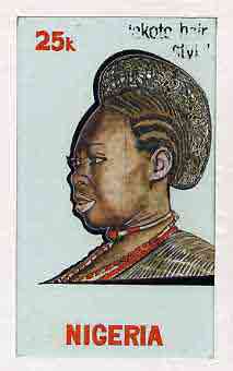 Nigeria 1987 Women's Hairstyles - original hand-painted artwork for 25k value (Akoto Hair style) by Clement O Ogbebor on card 5" x 8.5" endorsed C5