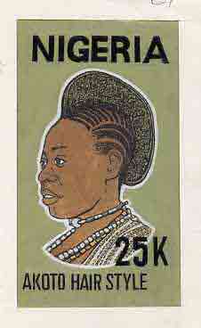 Nigeria 1987 Women's Hairstyles - original hand-painted artwork for 25k value (Akoto Hair style) by Godrick N Osuji on card 5
