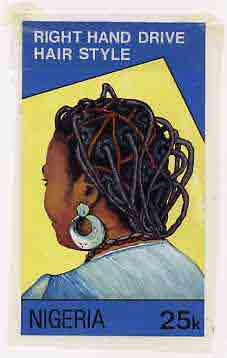 Nigeria 1987 Women's Hairstyles - original hand-painted artwork for 25k value (Right Hand Drive Hair style) by Mrs A O Adeyeye on card 5
