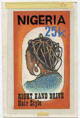 Nigeria 1987 Women's Hairstyles - original hand-painted artwork for 25k value (Right Hand Drive Hair style) by Godrick N Osuji on card 5