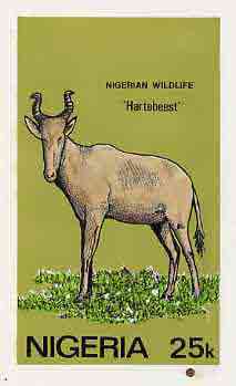 Nigeria 1984 Nigerian Wildlife - original hand-painted artwork for 25k value (Hartbeest) by NSP&MCo Staff Artist Olukoya Ogunfowora on card 5