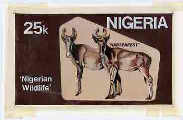 Nigeria 1984 Nigerian Wildlife - original hand-painted artwork for 25k value (Hartbeest) by unknown artist on card 8.5