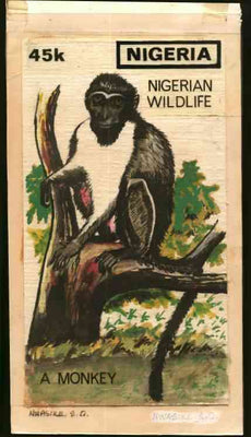 Nigeria 1984 Nigerian Wildlife - original hand-painted artwork for 45k value (Monkey) by S O Nwasike on card 5