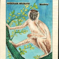 Nigeria 1984 Nigerian Wildlife - original hand-painted artwork for 45k value (Monkey) by Francis Nwaije Isibor on card 5" x 8.5" endorsed D1