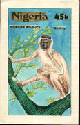 Nigeria 1984 Nigerian Wildlife - original hand-painted artwork for 45k value (Monkey) by Francis Nwaije Isibor on card 5" x 8.5" endorsed D1