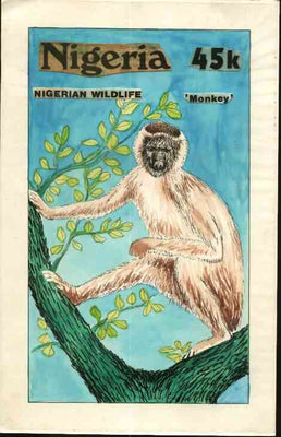 Nigeria 1984 Nigerian Wildlife - original hand-painted artwork for 45k value (Monkey) by Francis Nwaije Isibor on card 5