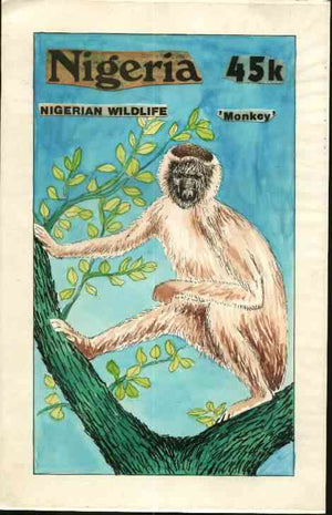 Nigeria 1984 Nigerian Wildlife - original hand-painted artwork for 45k value (Monkey) by Francis Nwaije Isibor on card 5" x 8.5" endorsed D1