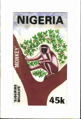 Nigeria 1984 Nigerian Wildlife - original hand-painted artwork for 45k value (Monkey) by unknown artist on board 5