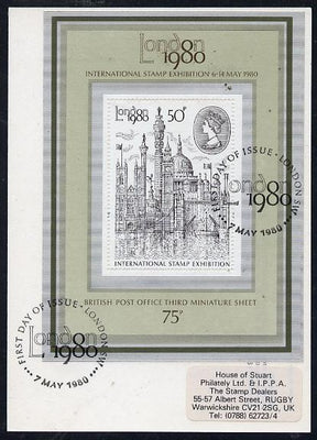 Great Britain 1980 'London 1980' Stamp Exhibition PHQ card bearing appropriate m/sheet fine used with first day commemorative cancel