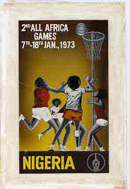 Nigeria 1973 Second All Africa Games - original hand-painted artwork (undenominated) by Austin Ogo Onwudimegwu showing Netball, on card 5