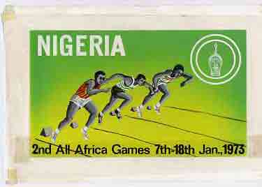 Nigeria 1973 Second All Africa Games - original hand-painted artwork (undenominated) by Austin Ogo Onwudimegwu showing Running, on card 8.5" x 5"