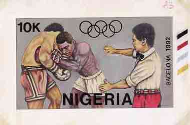 Nigeria 1992 Barcelona Olympic Games (1st issue) - original hand-painted artwork for 10k value (Boxing) by NSP&MCo Staff Artist Samuel A M Eluare, on board 8.5