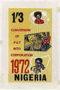 Nigeria 1972 Posts & Telecommunications Corporation - original hand-painted artwork for 1s3d value (showing Telephones in use & Switchboard) by NSP&MCo Staff Artist Samuel A M Eluare on card 5" x 8.5"