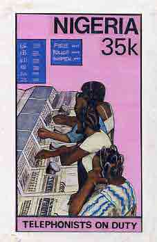 Nigeria 1986 Nigerian Life Def series - original hand-painted artwork for 35k value (showing Telephonists at Switchboard) probably by Mrs A O Adeyeye on board 5" x 8.5" endorsed I1