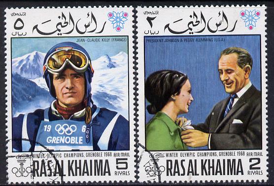Ras Al Khaima 1968 Grenoble Winter Olympics perf set of 2 cto used, Mi 345A-346A*