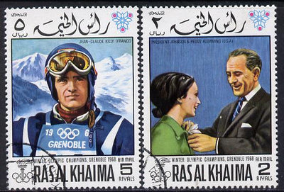 Ras Al Khaima 1968 Grenoble Winter Olympics perf set of 2 cto used, Mi 345A-346A*