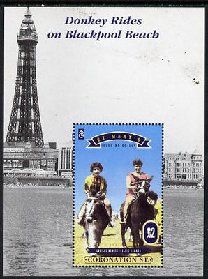 St Mary's (Isles Of Scilly) 1995 35th Anniversary of Coronation Street perf souvenir sheet (Donkey Rides on Blackpool Beach) £2 value unmounted mint