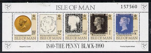Isle of Man 1990 150th Anniversary of Penny Black perf sheetlet containing strip of 5 unmounted mint SG 442a