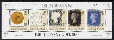 Isle of Man 1990 150th Anniversary of Penny Black perf sheetlet containing strip of 5 unmounted mint SG 442a