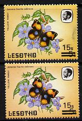 Lesotho 1986-88 Butterflies Yellow Pansy 15s on 5s two singles showing different shades in background colour, SG 727,unmounted mint*