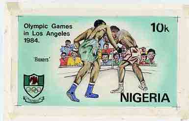 Nigeria 1984 Los Angeles Olympic Games - original hand-painted artwork for 10k value (Boxers) by NSP&MCo Staff Artist Clement O Ogbebor, on card 9" x 5" endorsed A7