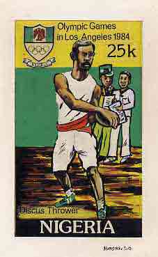 Nigeria 1984 Los Angeles Olympic Games - original hand-painted artwork for 25k value (Discus) by S O Nwasike, on card 5" x 8.5" without endorsements