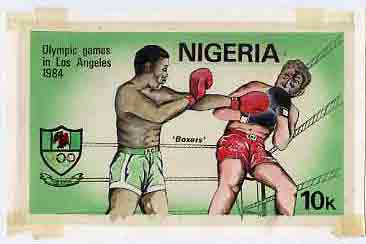 Nigeria 1984 Los Angeles Olympic Games - original hand-painted artwork for 10k value (Boxers) by NSP&MCo Staff Artist Clement O Ogbebor, on card 8.5