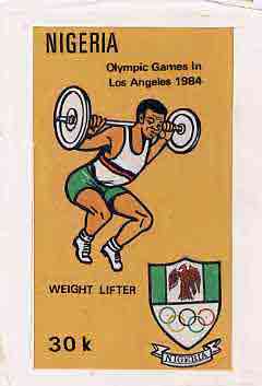 Nigeria 1984 Los Angeles Olympic Games - original hand-painted artwork for 30k value (Weightlifting) by Godrick N Osuji, on card 5