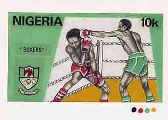 Nigeria 1984 Los Angeles Olympic Games - original hand-painted artwork for 10k value (Boxers) by NSP&MCo Staff Artist Samuel A M Eluare, on card 8.5