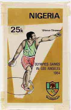 Nigeria 1984 Los Angeles Olympic Games - original hand-painted artwork for 25k value (Discus) by NSP&MCo Staff Artist Clement O Ogbebor, on card 5