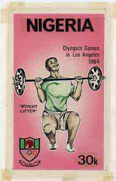 Nigeria 1984 Los Angeles Olympic Games - original hand-painted artwork for 30k value (Weightlifting) by NSP&MCo Staff Artist Clement O Ogbebor, on card 5