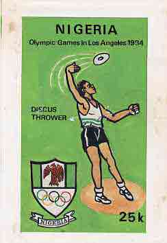 Nigeria 1984 Los Angeles Olympic Games - original hand-painted artwork for 25k value (Discus) by Godrick N Osuji, on card 5" x 8.5" without endorsements