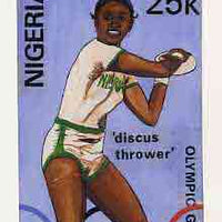 Nigeria 1984 Los Angeles Olympic Games - original hand-painted artwork for 25k value (Discus) by unknown artist on card 5" x 8.5" endorsed B8