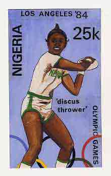 Nigeria 1984 Los Angeles Olympic Games - original hand-painted artwork for 25k value (Discus) by unknown artist on card 5